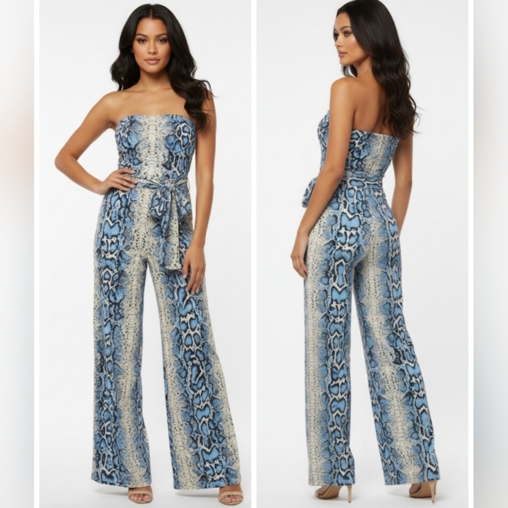 Boutique Strapless Blue Snakeskin Front-Tie Wide Leg Jumpsuit Size M. - Picture 15 of 15